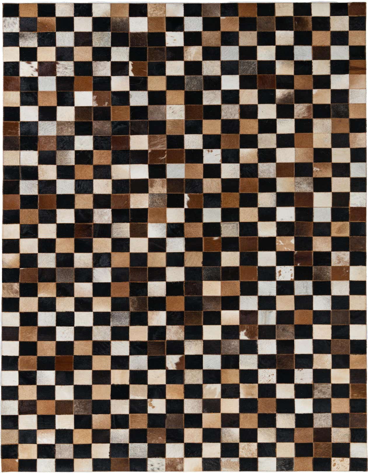A 5x8 rectangular Cowhide Leather rug featuring a modern checkered pattern in multi-colored patches of black, brown, and white.
