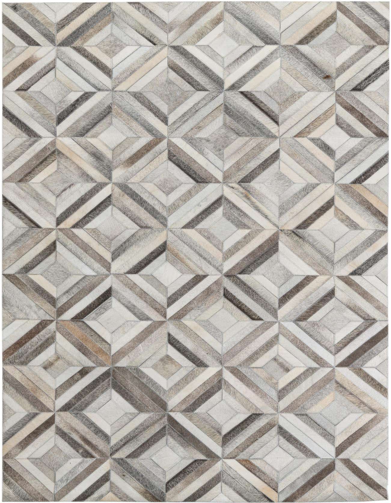 A 5x8 rectangular Cowhide Leather rug featuring a modern, abstract geometric pattern in multi-colored natural tones.