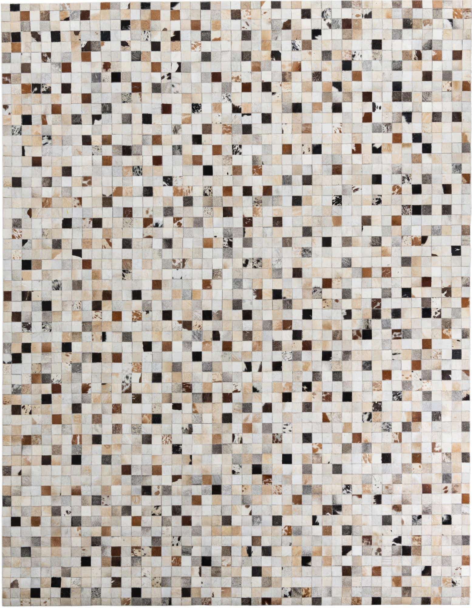 A rectangular 8x10 multi-colored modern cowhide and leather rug with a patchwork square pattern in various natural tones.