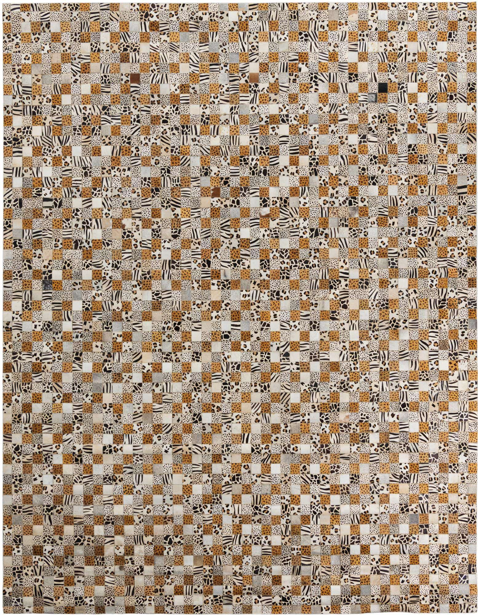 A rectangular 8x10 multi-colored modern cowhide rug with a woven checkerboard pattern of various animal prints, including leopard, cheetah, and zebra.