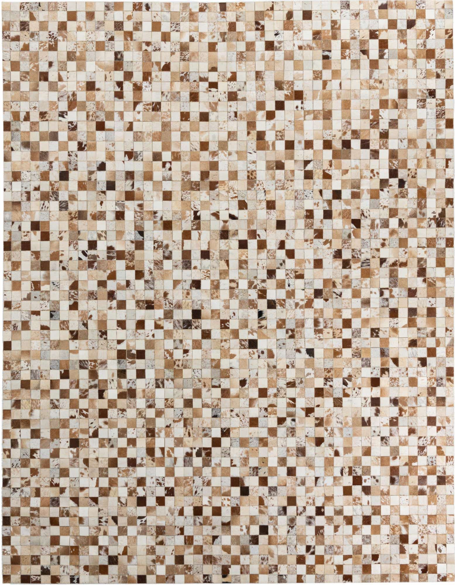 A rectangular 8x10 Cowhide Leather rug featuring a modern patchwork of multi-colored brown, beige, and white squares.