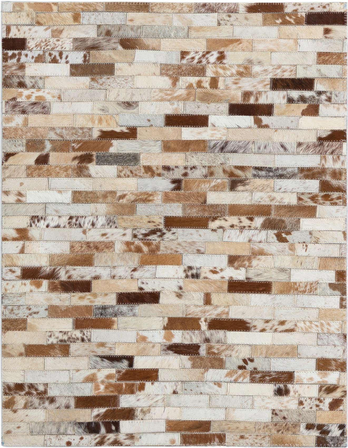 A 2x3 rectangular Cowhide Leather rug featuring a modern striped pattern with multi-colored patches of natural cowhide in brown, white, and tan tones.