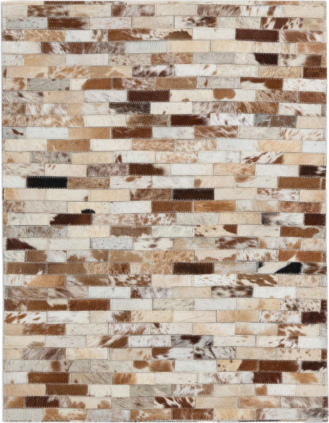 A rectangular 2x3 Cowhide Leather rug featuring a modern, abstract patchwork design in various shades of brown, white, and black.