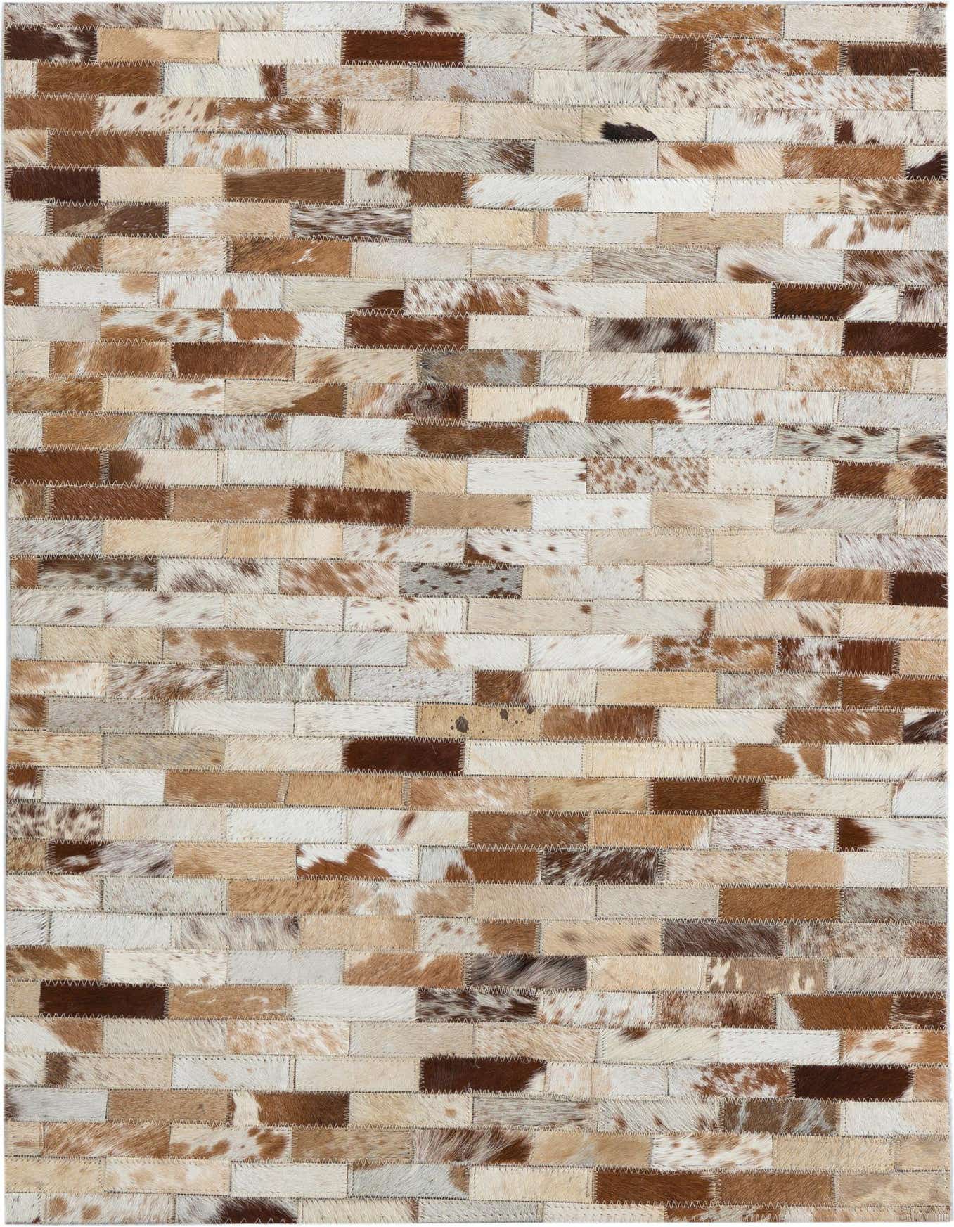 A 2x3 rectangular Cowhide Leather rug featuring a modern stripe pattern in various shades of brown, white, and tan.