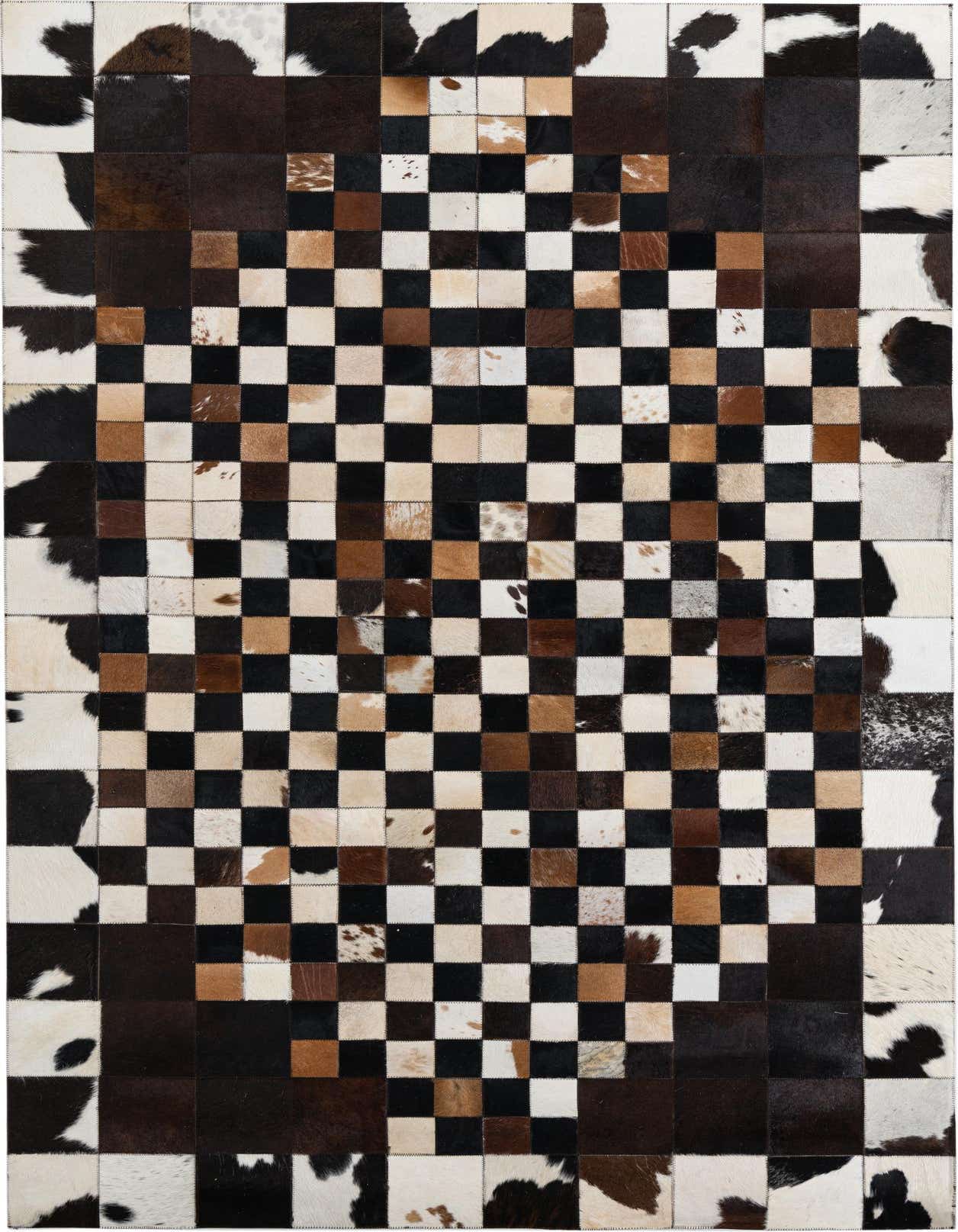 A rectangular 5x8 Cowhide Leather rug featuring a modern, abstract checkerboard pattern in multi-colored patches of black, brown, and white.