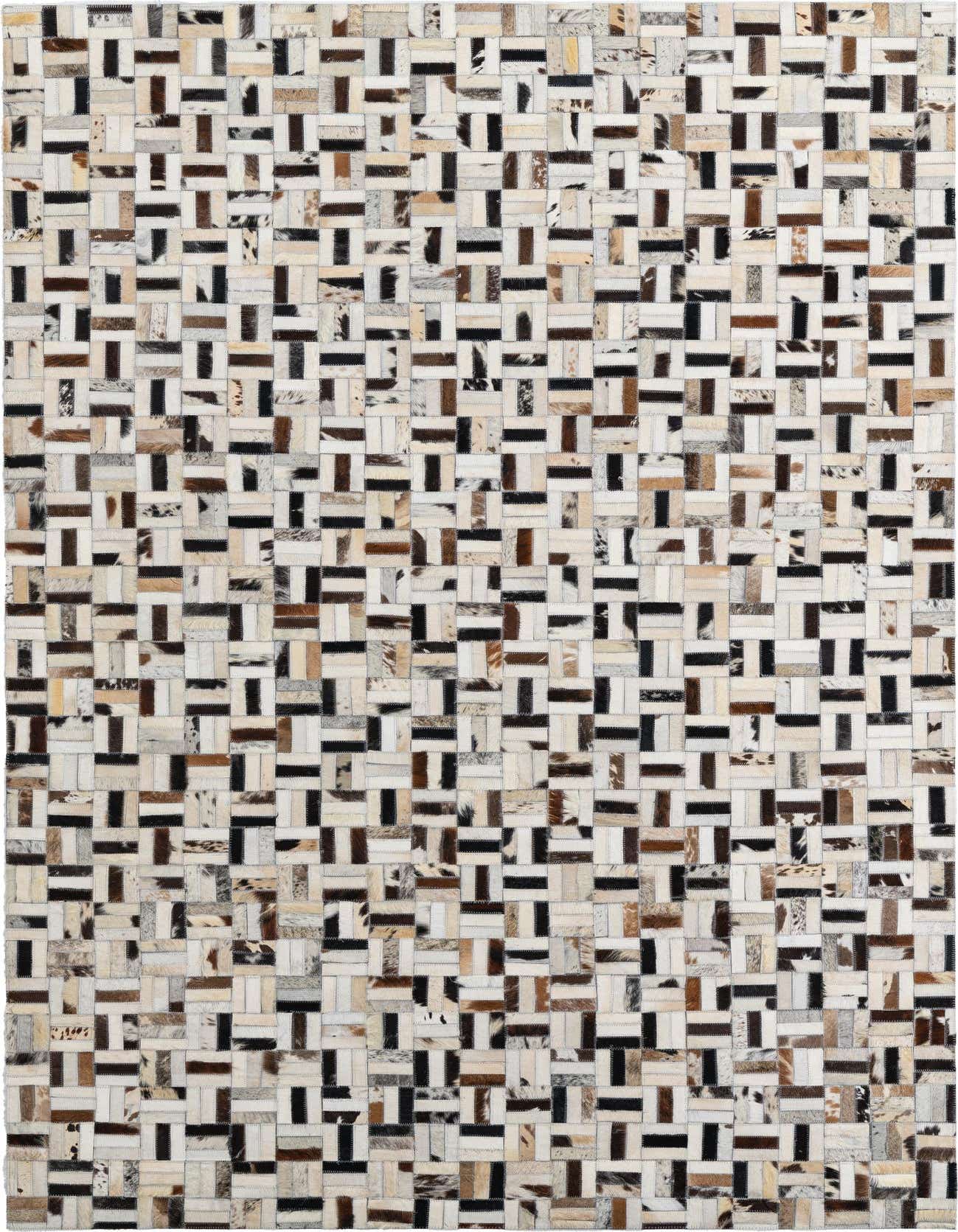 A 5x8 rectangular Cowhide & Leather rug featuring a modern, multi-colored stripe pattern in various natural hide tones.
