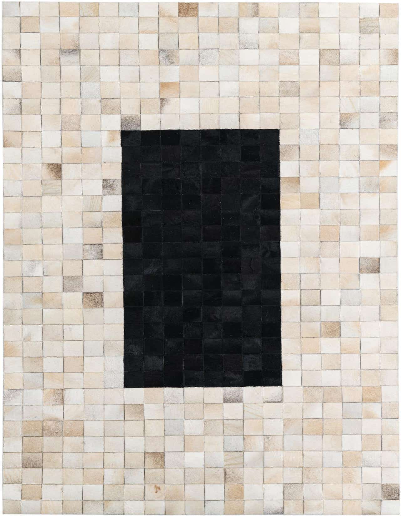 A rectangular 5x8 Cowhide Leather rug featuring a modern abstract design with a large black rectangle centered on a multi-colored patchwork background of natural hide squares.