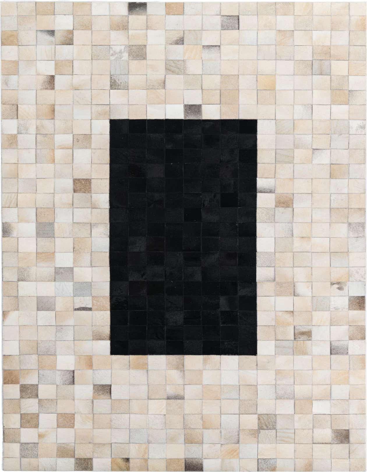 A 5x8 rectangular Cowhide Leather rug featuring a modern abstract pattern with a central black rectangle surrounded by a mosaic of multi-colored, natural cowhide squares.