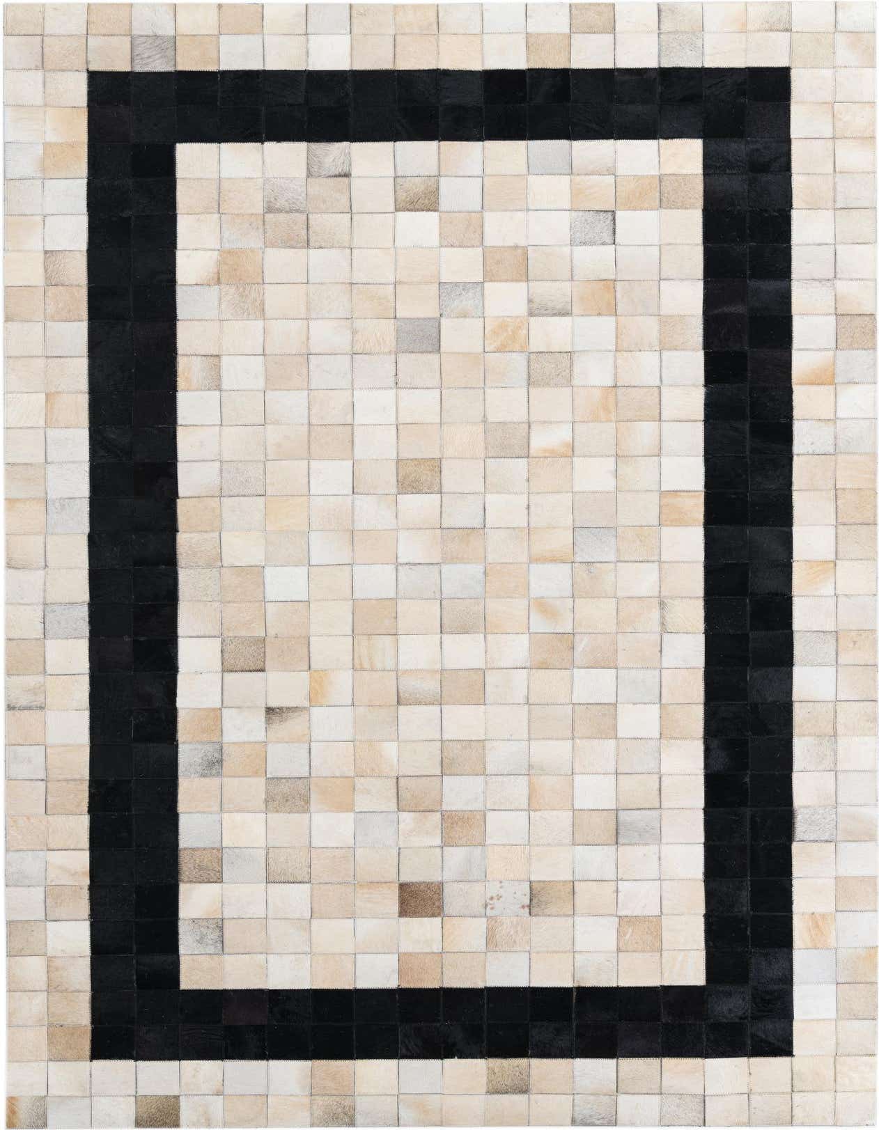 A 5x8 rectangular Cowhide Leather rug featuring a modern abstract design with a black border around a multi-colored patchwork.