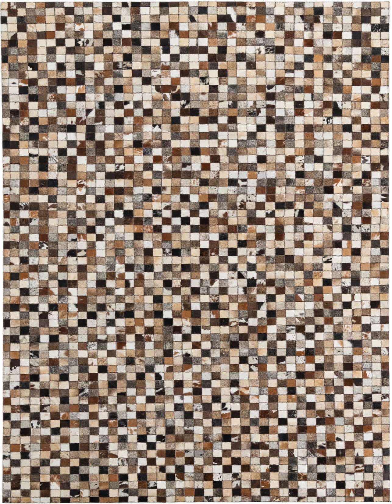 A 5x8 rectangular Cowhide Leather rug featuring a modern, abstract patchwork of multi-colored squares.