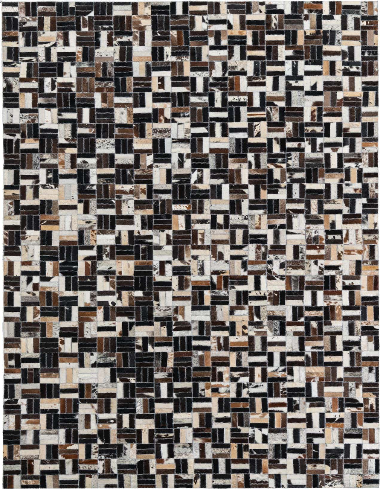A rectangular 5x8 multi-colored cowhide and leather rug featuring a modern stripe patchwork pattern, ideal for a living room.