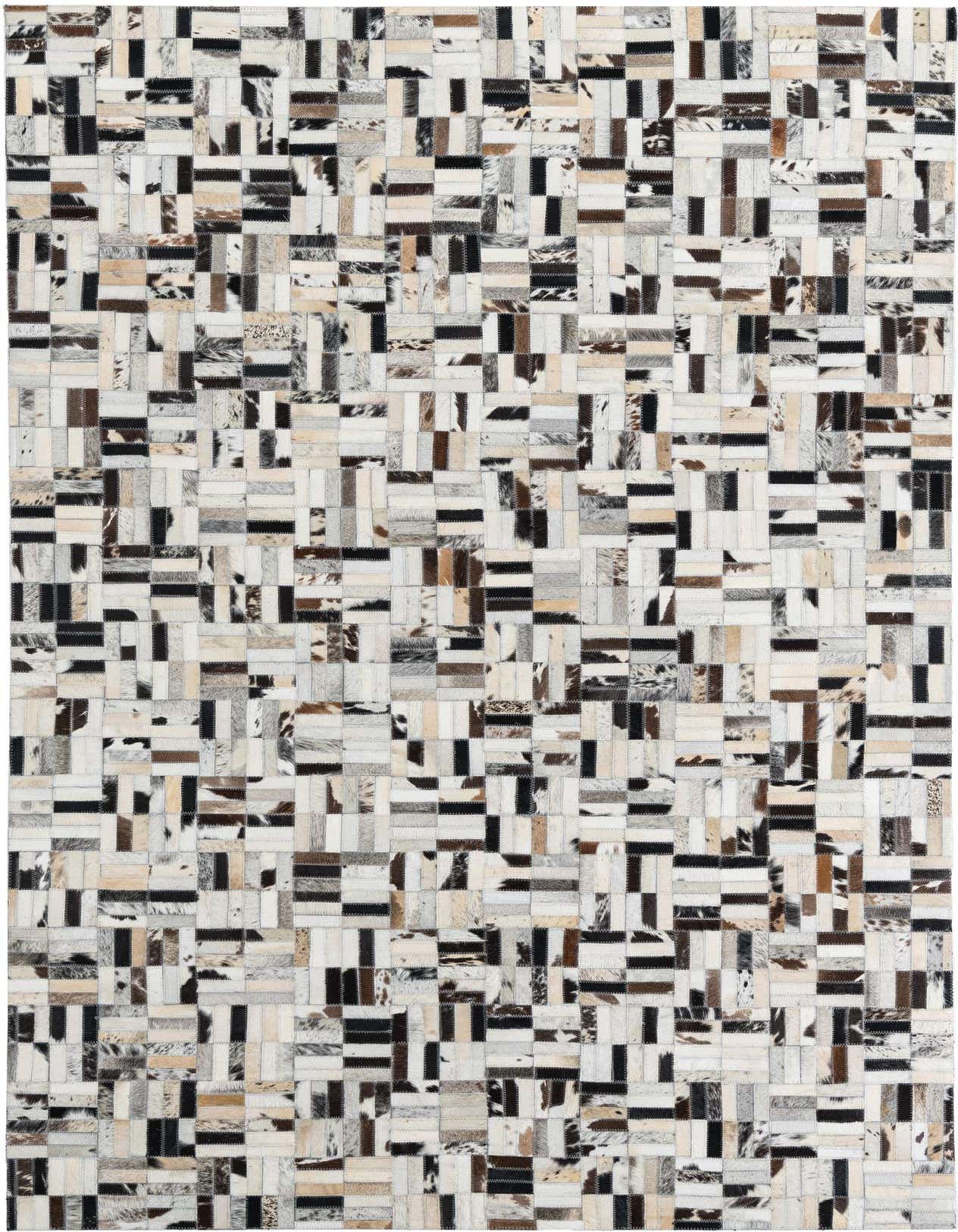 A 5x8 rectangular, multi-colored cowhide and leather rug featuring a modern patchwork stripe pattern, ideal for a living room.
