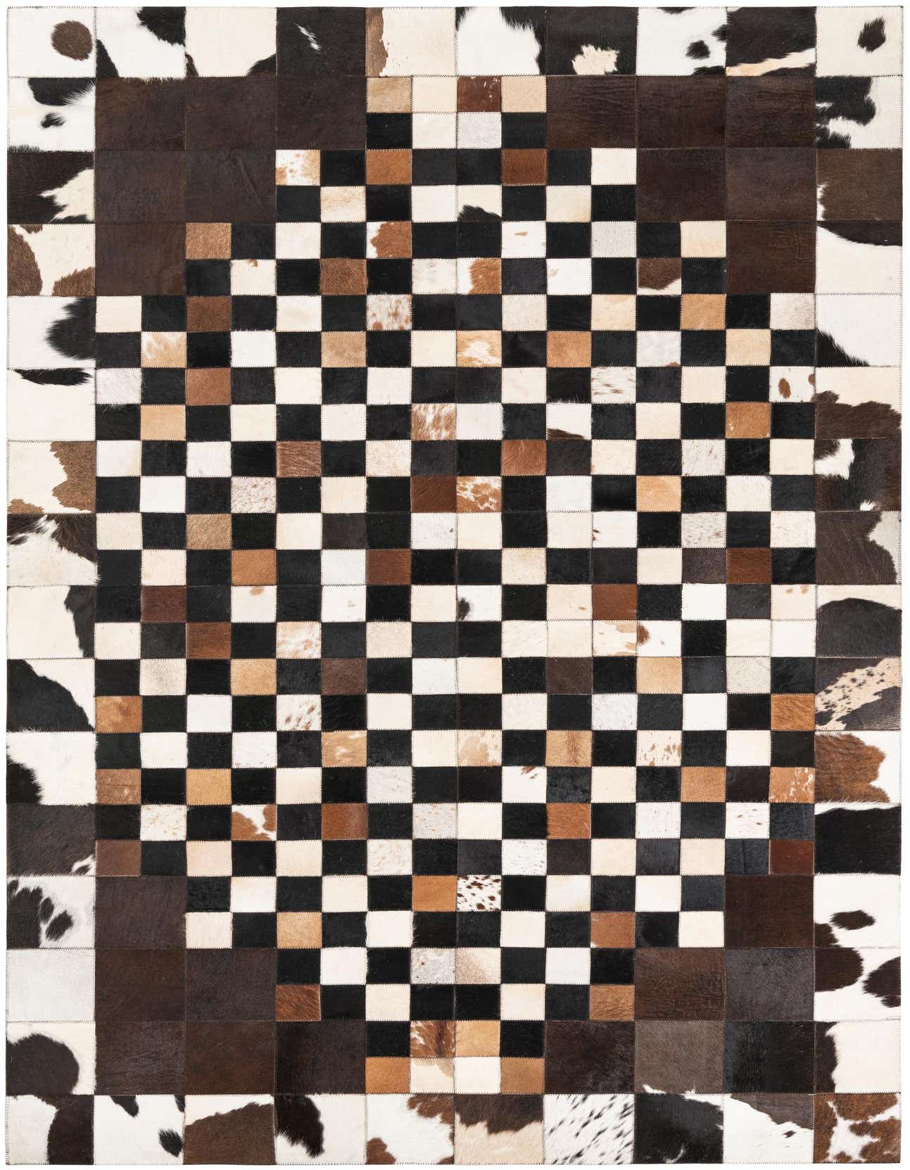 A rectangular 5x8 multi-colored modern cowhide and leather rug featuring a checkerboard pattern with brown, black, and white squares.