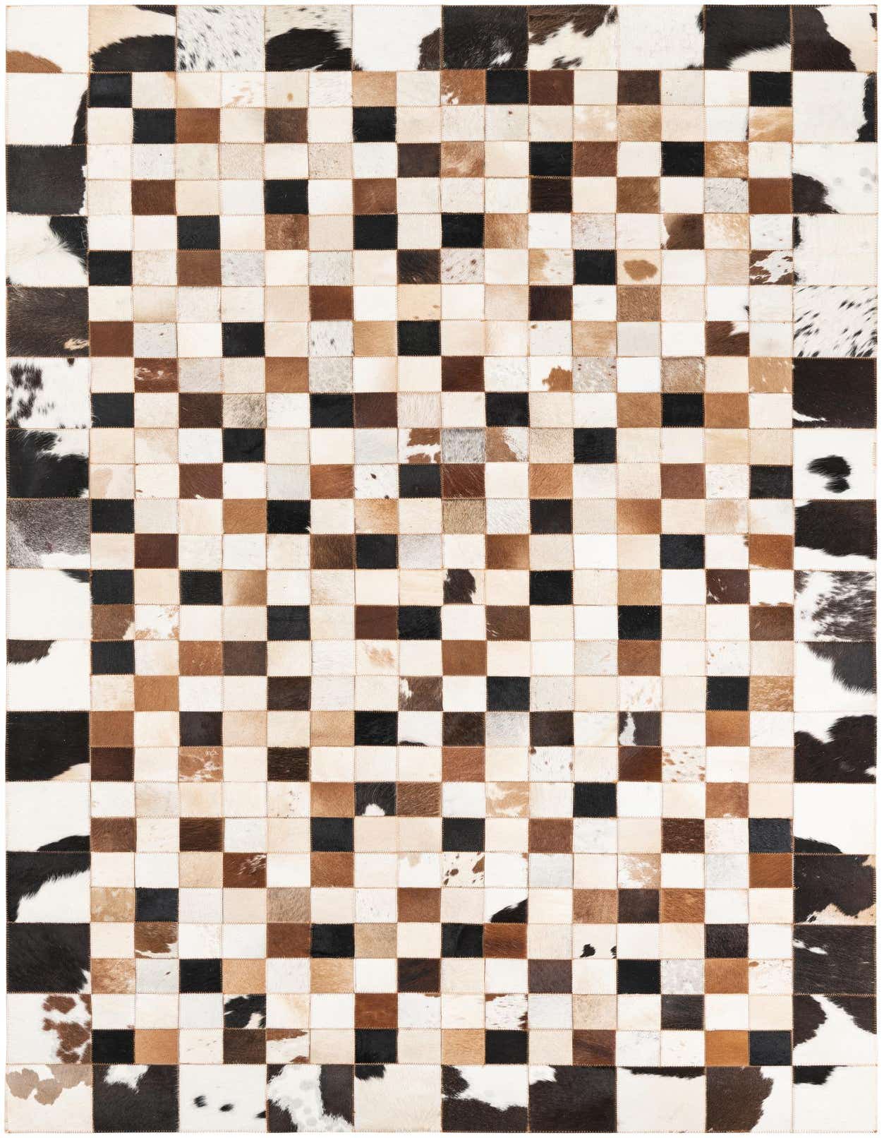 A 5x8 rectangular, multi-colored modern cowhide rug with a checkerboard pattern in various shades of brown, black, and white.