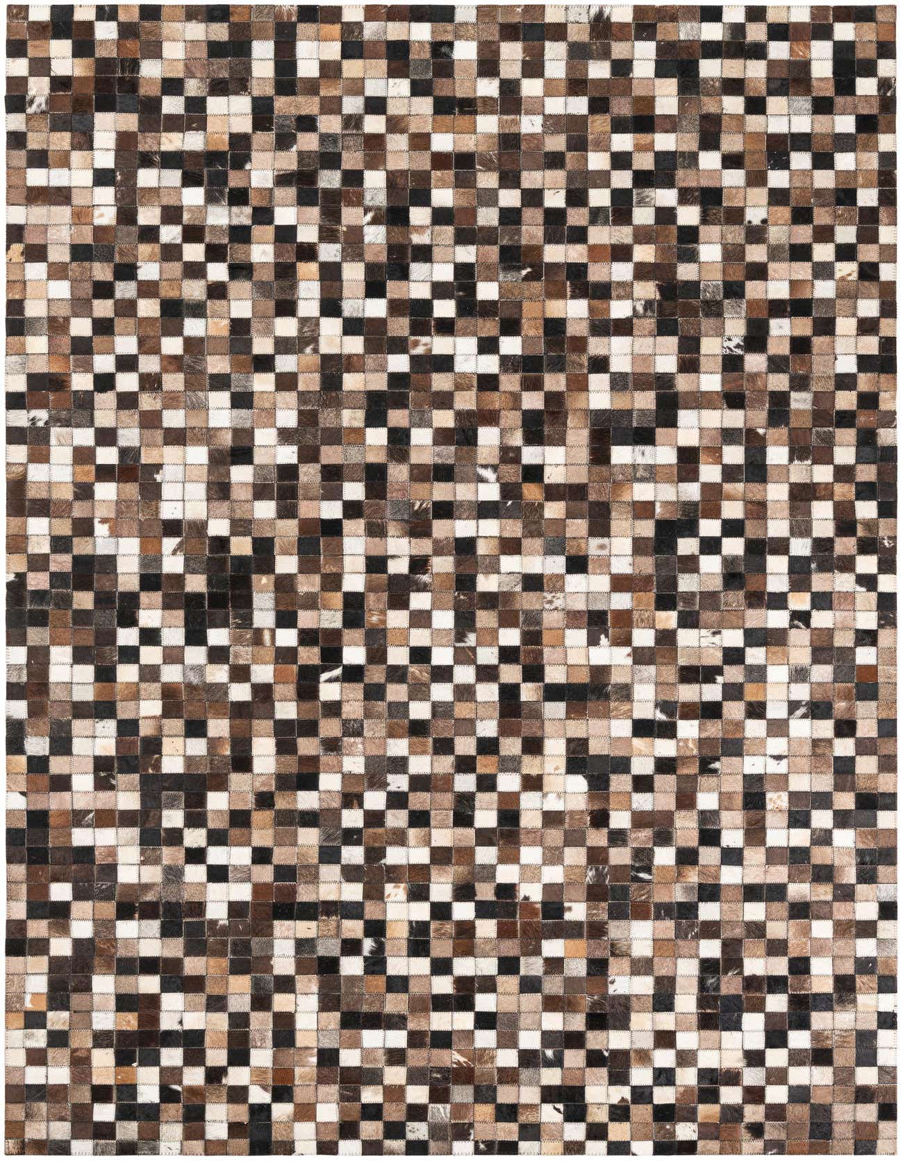A rectangular 5x8 modern area rug made from multi-colored cowhide and leather patches, forming a checkered pattern.