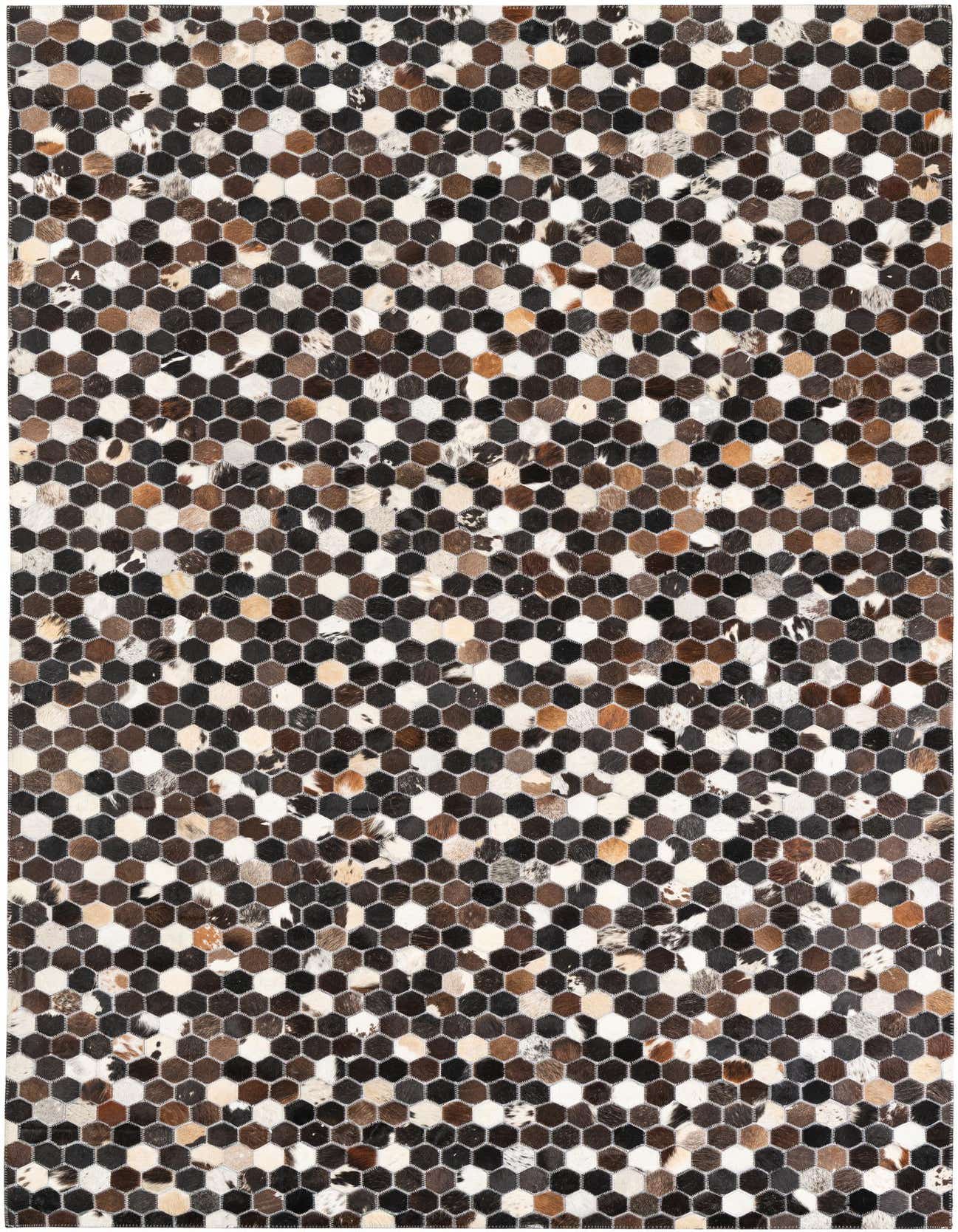 A 5x8 rectangular Cowhide Leather rug featuring a modern honeycomb pattern in multi-colored natural cowhide patches.