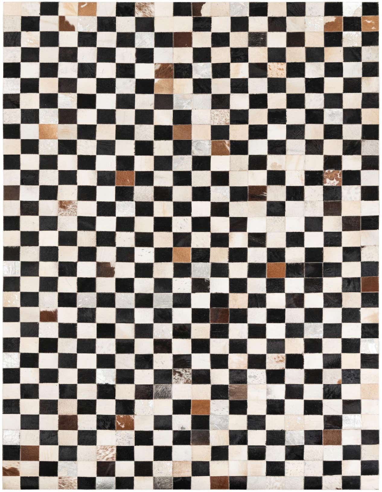 A 5x8 rectangular Cowhide Leather rug featuring a modern checkerboard pattern in black, white, and various brown tones.