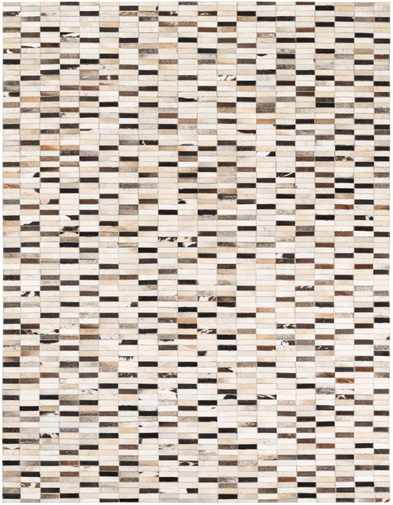 A rectangular 5x8 Cowhide & Leather rug featuring a modern stripe pattern in multi-colored natural tones.
