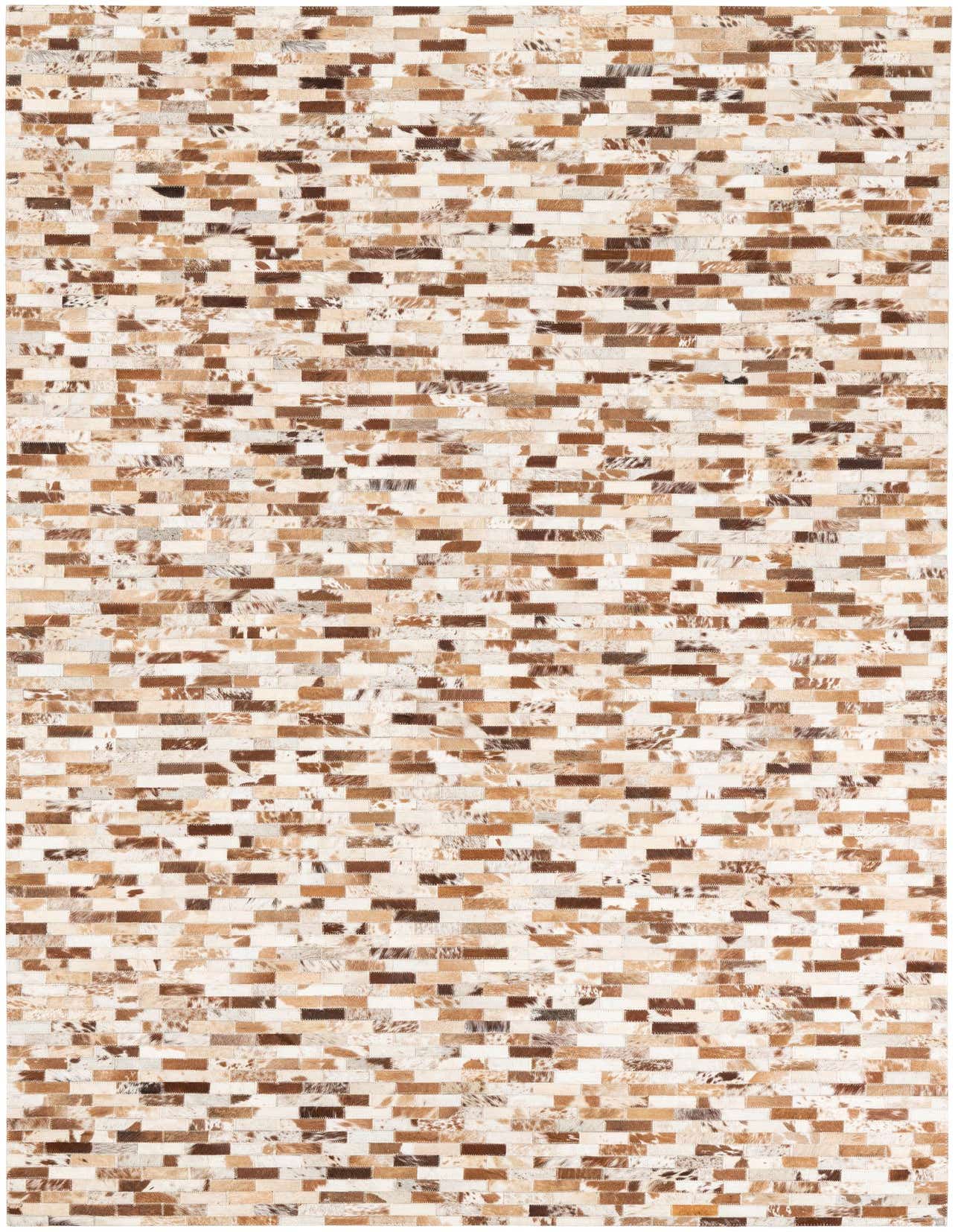 A 5x8 rectangular Cowhide Leather rug featuring a modern stripe pattern in multi-colored natural tones.