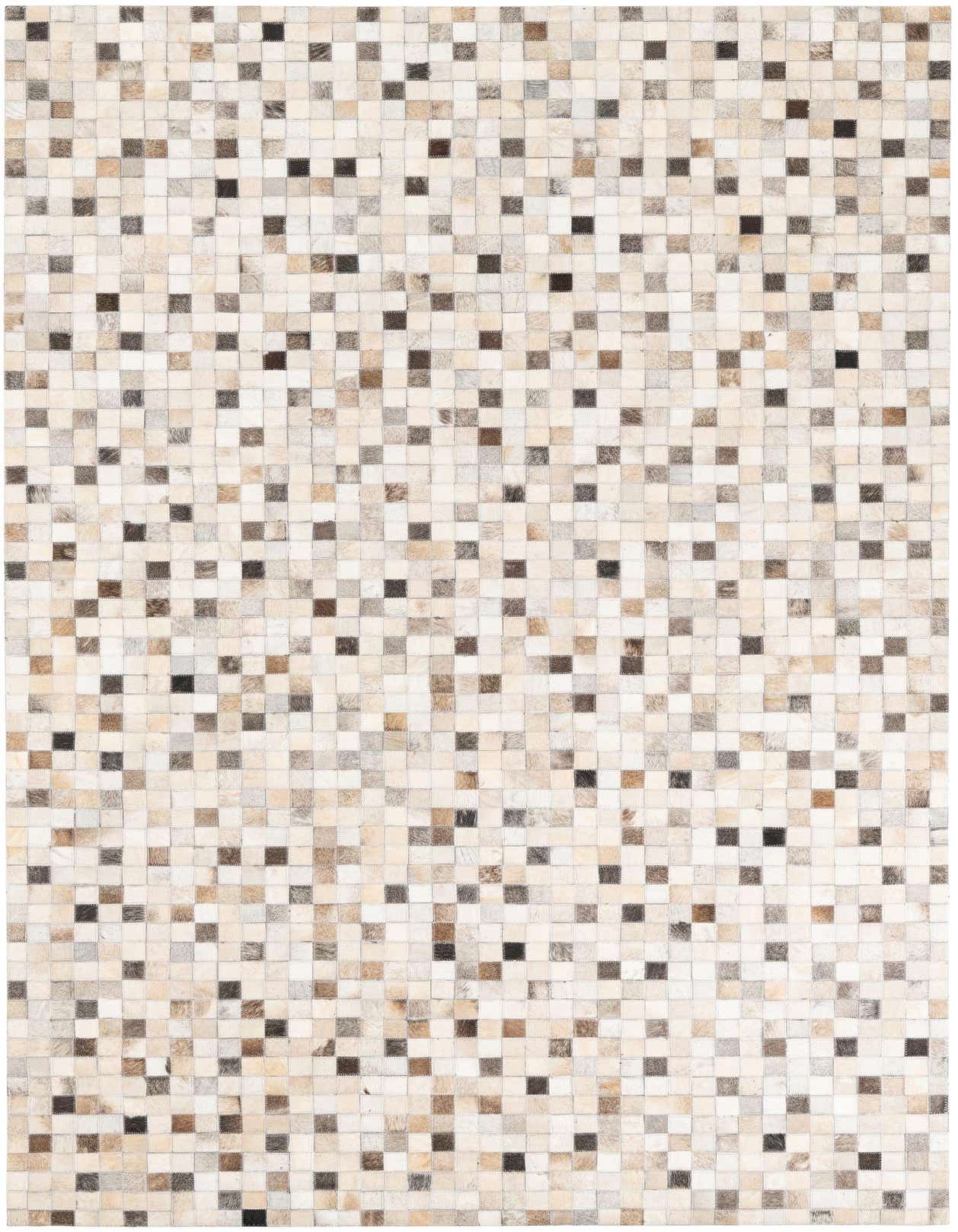 A 5x8 rectangular Cowhide Leather rug featuring a modern patchwork of multi-colored squares in various natural tones.