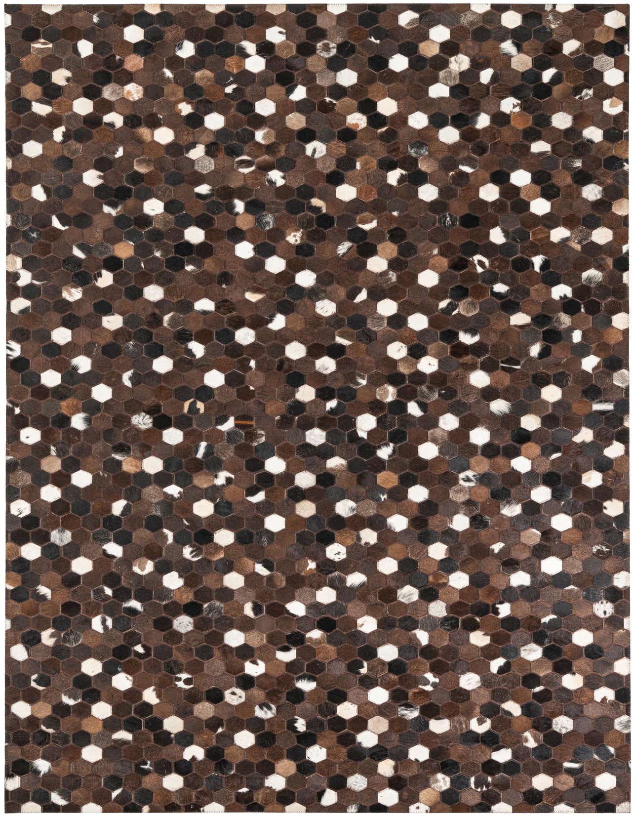 A 5x8 rectangular Cowhide & Leather rug featuring a modern geometric pattern of multi-colored hexagonal patches in browns, blacks, and whites.