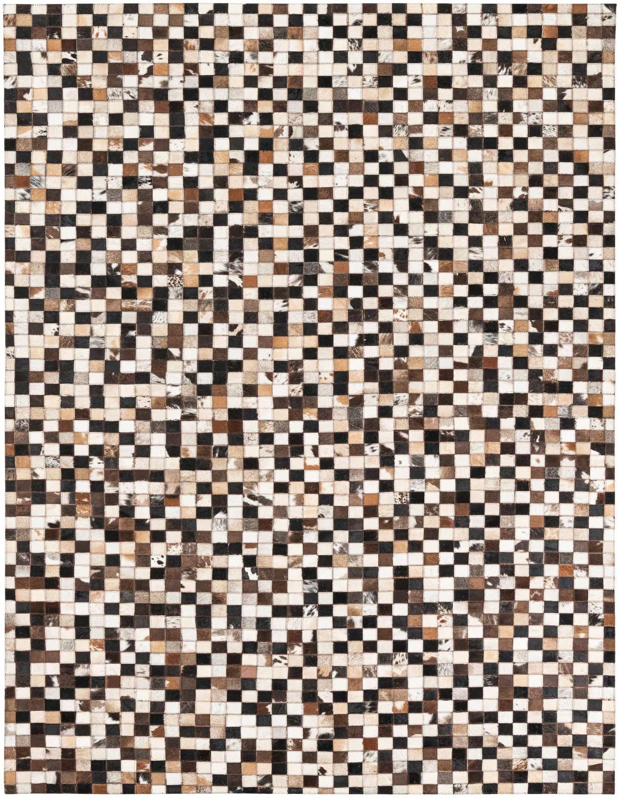 A rectangular 5x8 modern area rug made from multi-colored cowhide and leather patches in a checkerboard pattern.