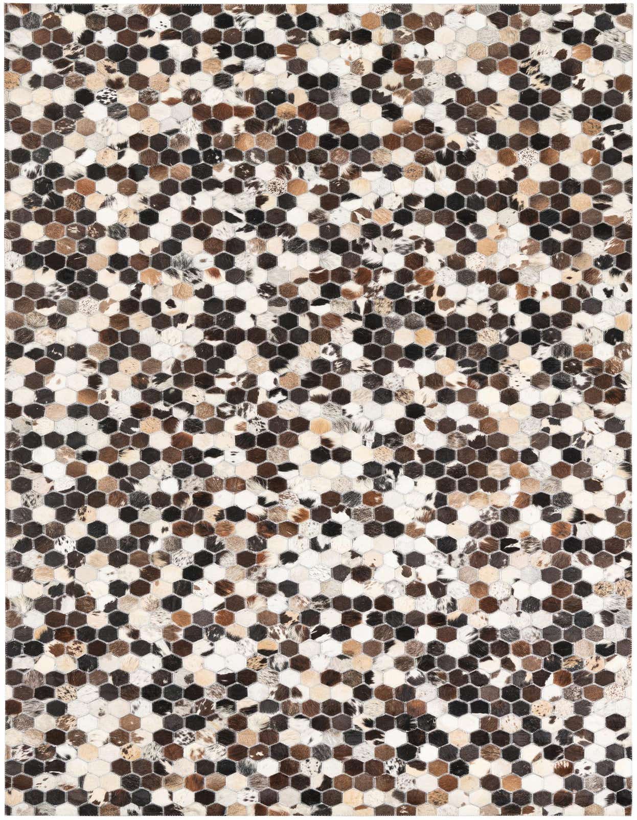 A 5x8 rectangular Cowhide Leather rug featuring a modern honeycomb pattern in multi-colored natural cowhide patches.