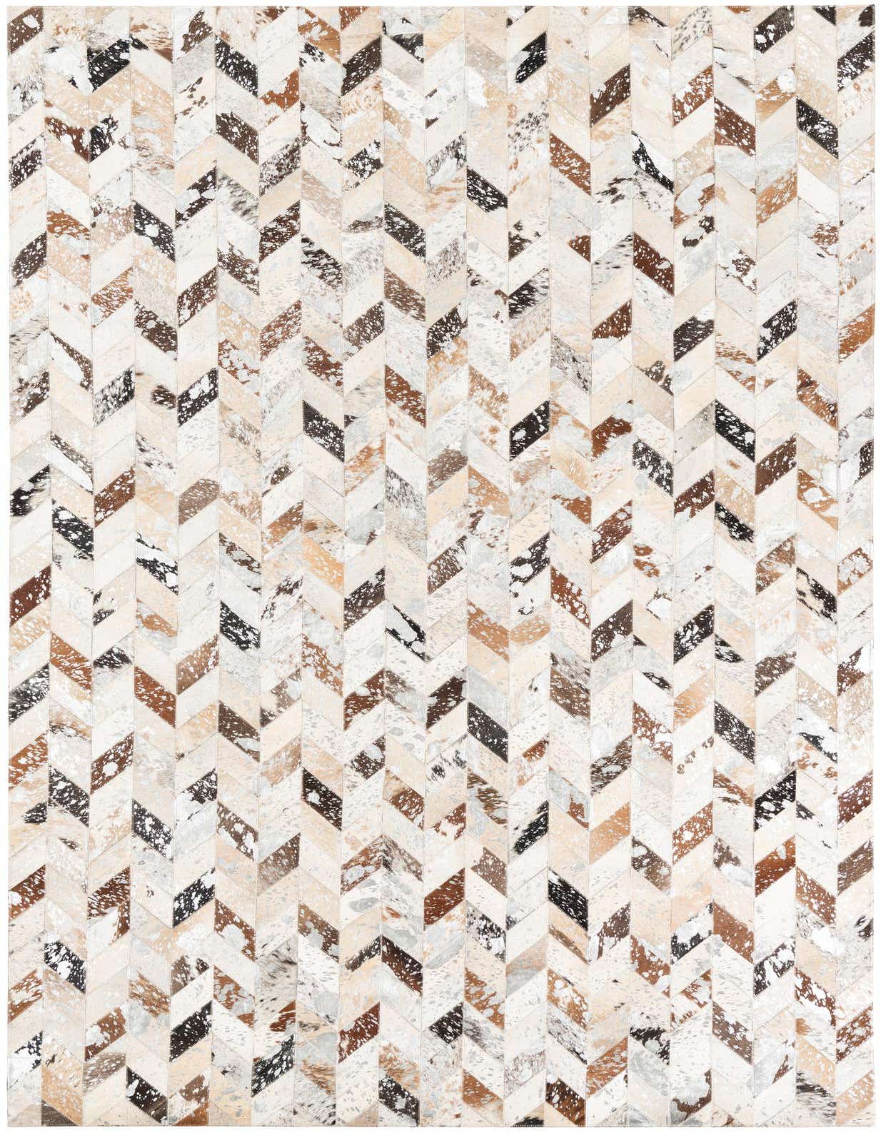A 5x8 rectangular Cowhide Leather rug featuring a modern chevron pattern in multi-colored natural cowhide patches.