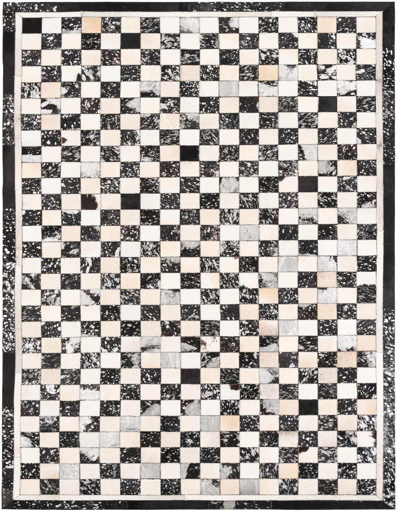 A 5x8 rectangular Cowhide & Leather rug featuring a modern checkered pattern in black, white, and speckled multi-colored squares.