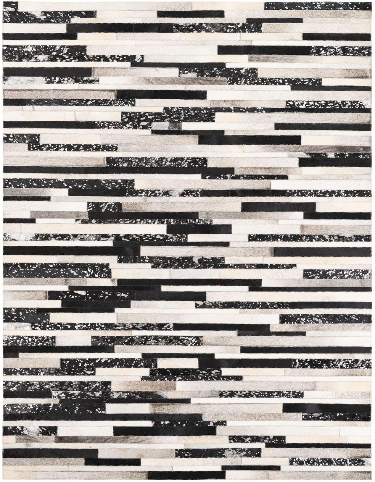 A rectangular 5x8 modern cowhide rug featuring a stripe pattern with black, white, and gray leather patches.