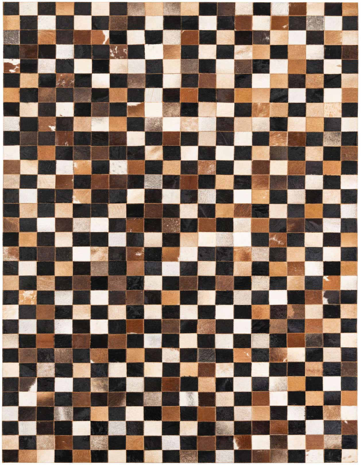 A 5x8 rectangular Cowhide Leather rug featuring a modern checkerboard pattern in varied shades of black, brown, tan, and white.