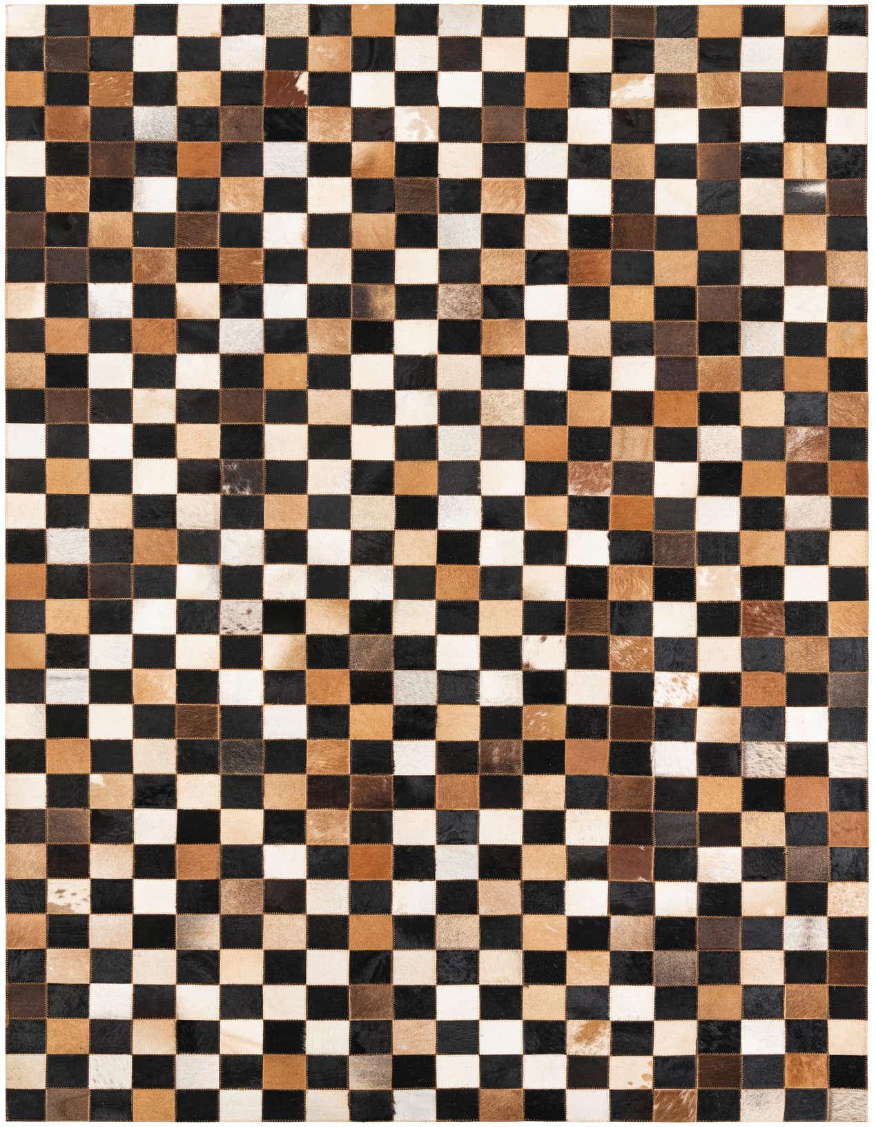 A 5x8 rectangular Cowhide Leather rug featuring a modern checkerboard pattern in multi-colored natural cowhide patches.