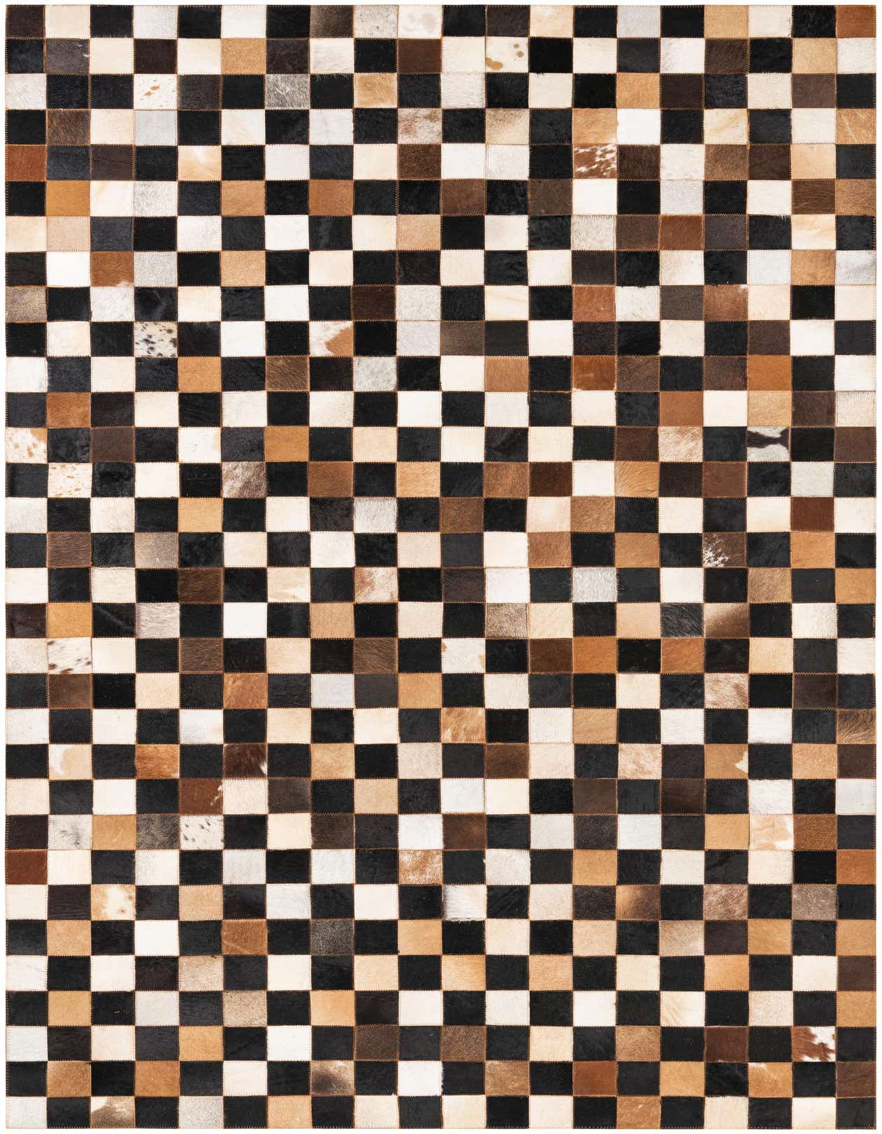 A 5x8 rectangular Cowhide Leather rug featuring a modern checkerboard pattern in multi-colored patches of black, white, and various brown tones.
