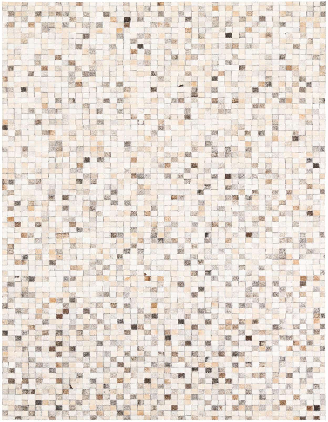 A 5x8 rectangular Cowhide Leather rug featuring a modern patchwork of multi-colored squares in various natural tones.