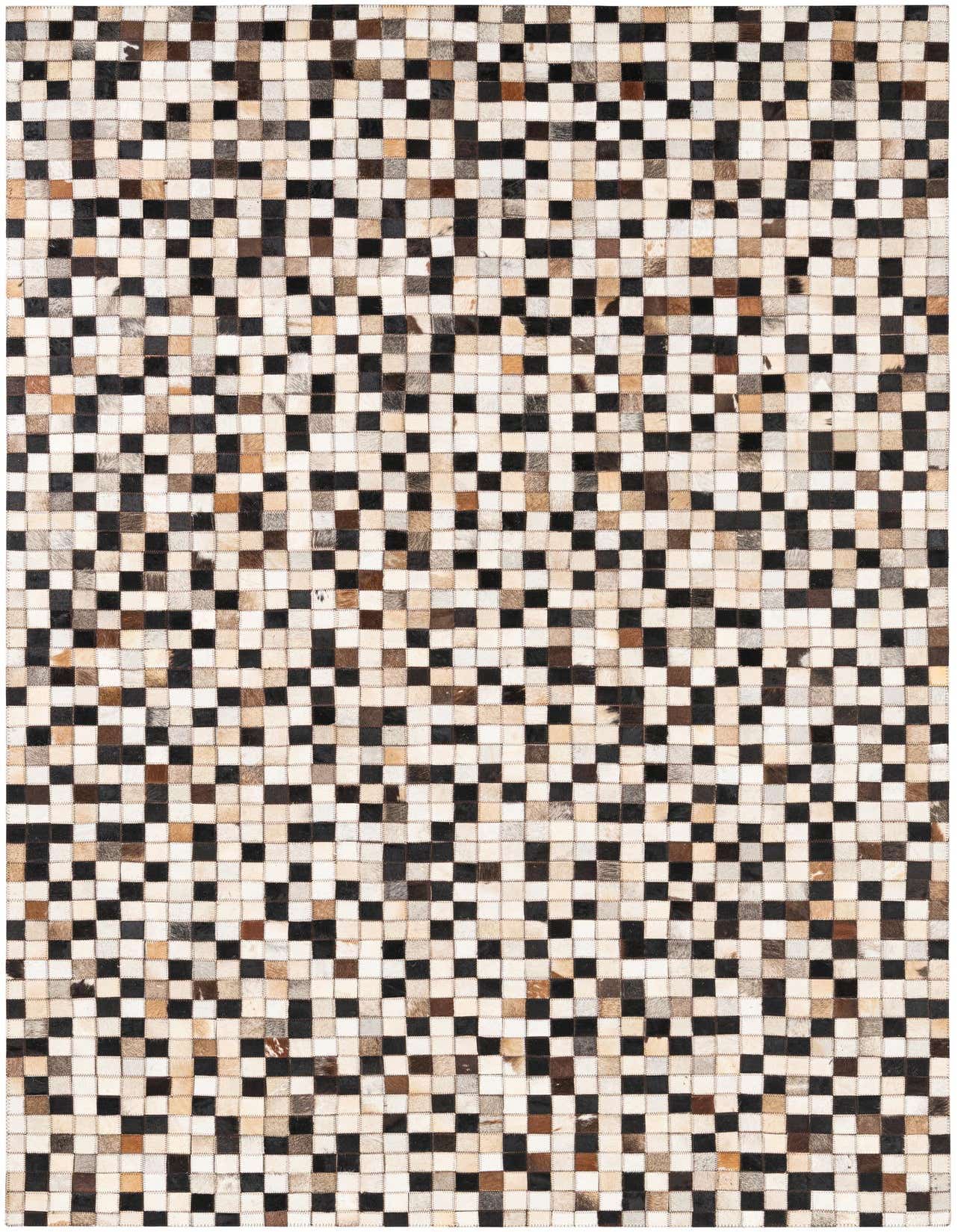 A 5x8 rectangular Cowhide Leather rug featuring a modern multi-colored checkerboard pattern, ideal for a living room.