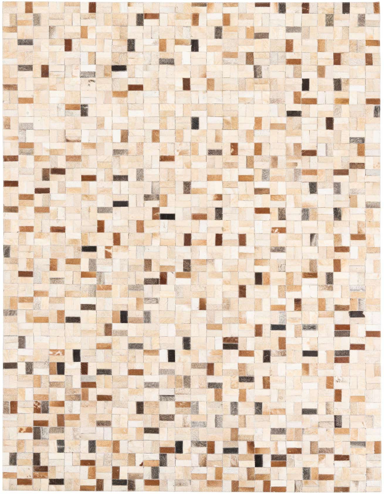 A 5x8 rectangular Cowhide & Leather rug featuring a modern striped pattern in multi-colored natural tones.