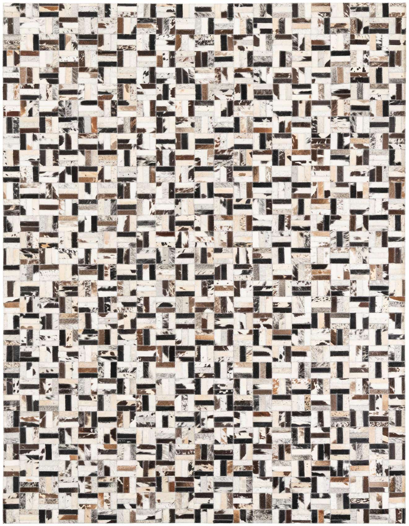 A 5x8 rectangular Cowhide Leather rug featuring a modern patchwork design in multi-colored natural tones, perfect for a living room.