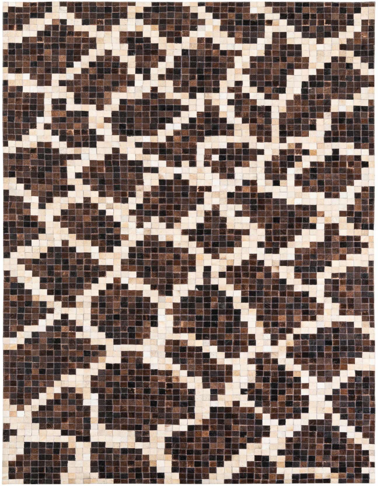 A 5x8 rectangular Cowhide Leather rug featuring a modern, abstract mosaic pattern in shades of brown, black, and cream.