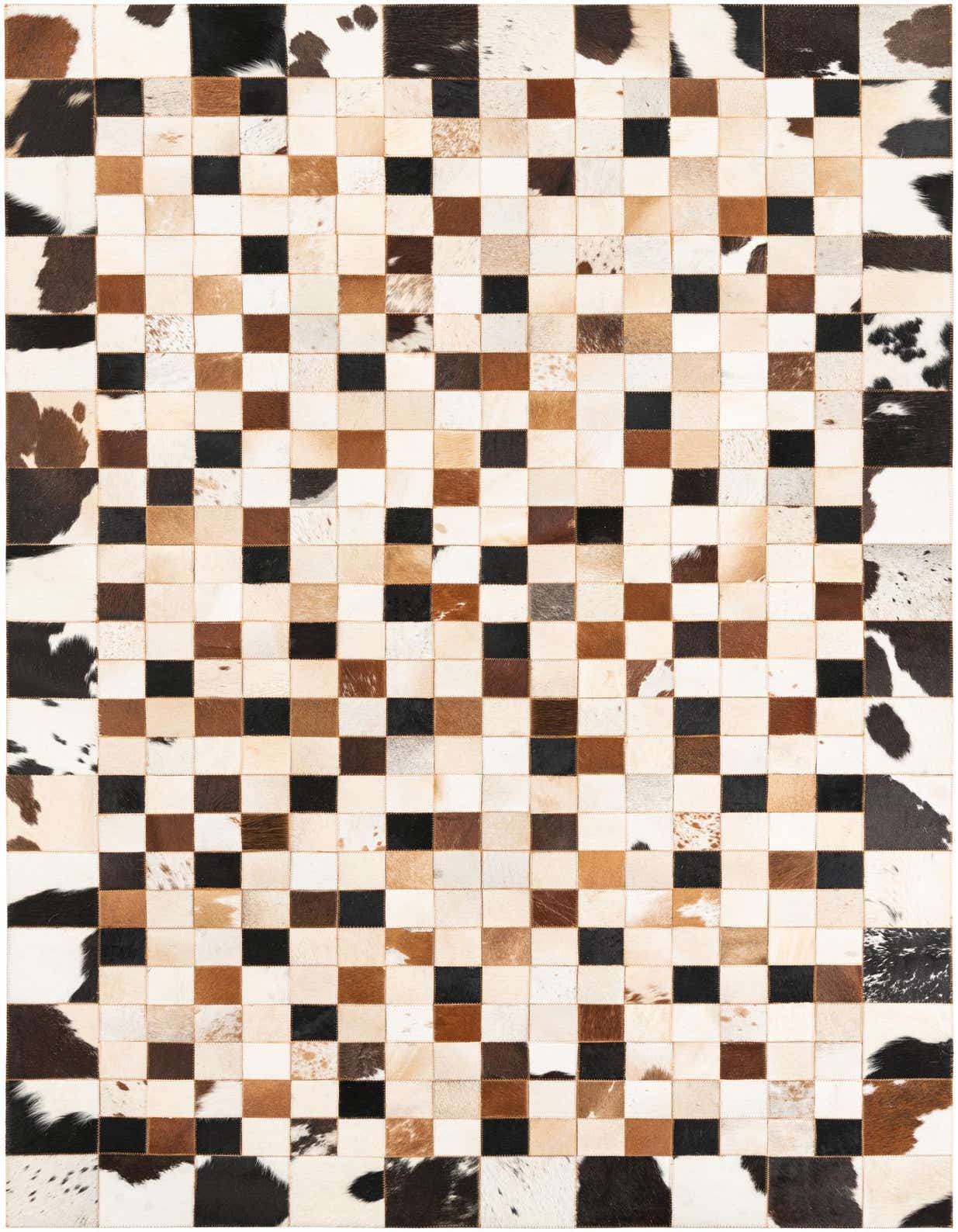 A 5x8 rectangular modern cowhide rug featuring a checkerboard pattern of multi-colored natural cowhide squares in black, brown, and white tones.