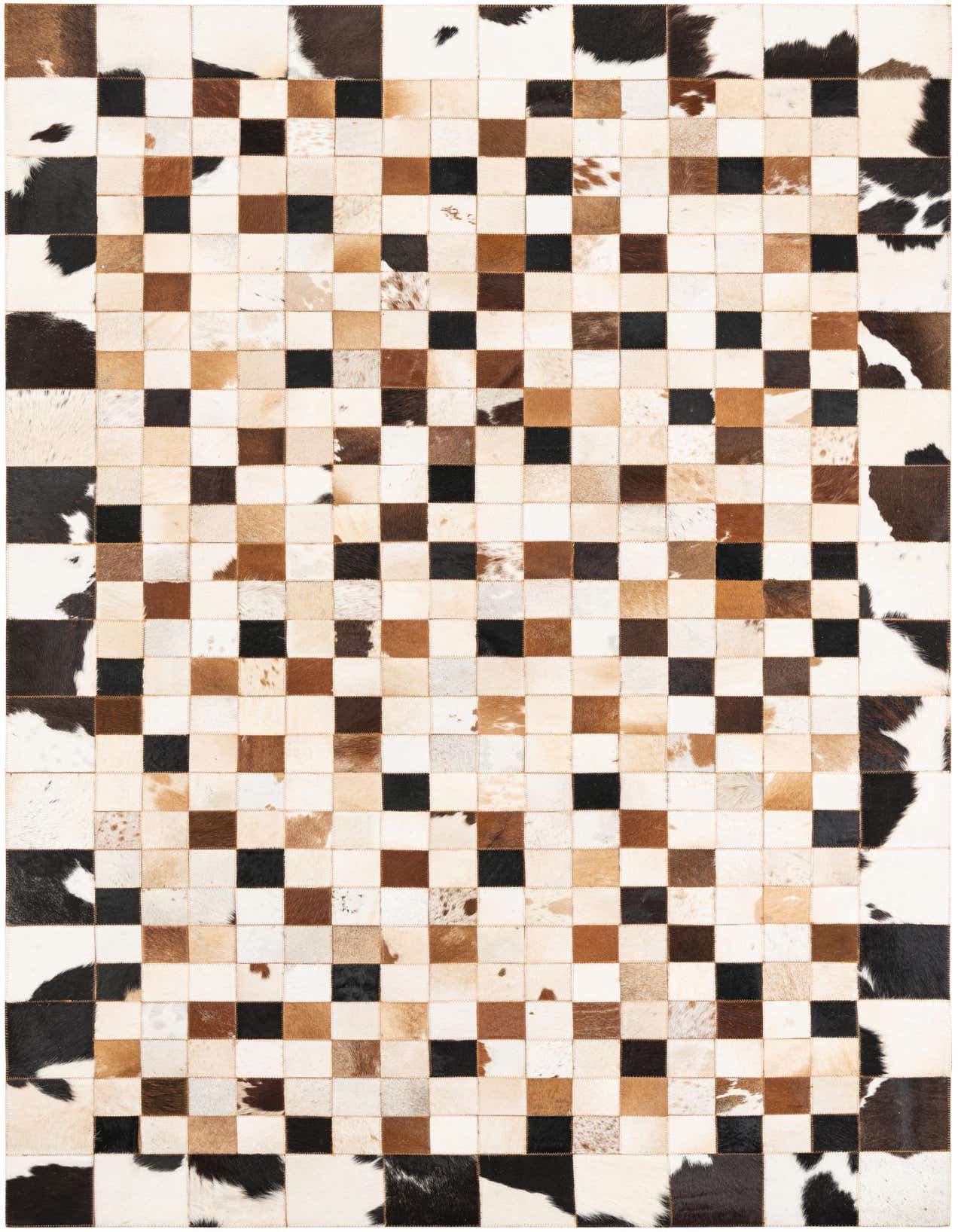 A 5x8 rectangular, multi-colored modern cowhide rug with a checkerboard pattern of black, white, and various brown squares.