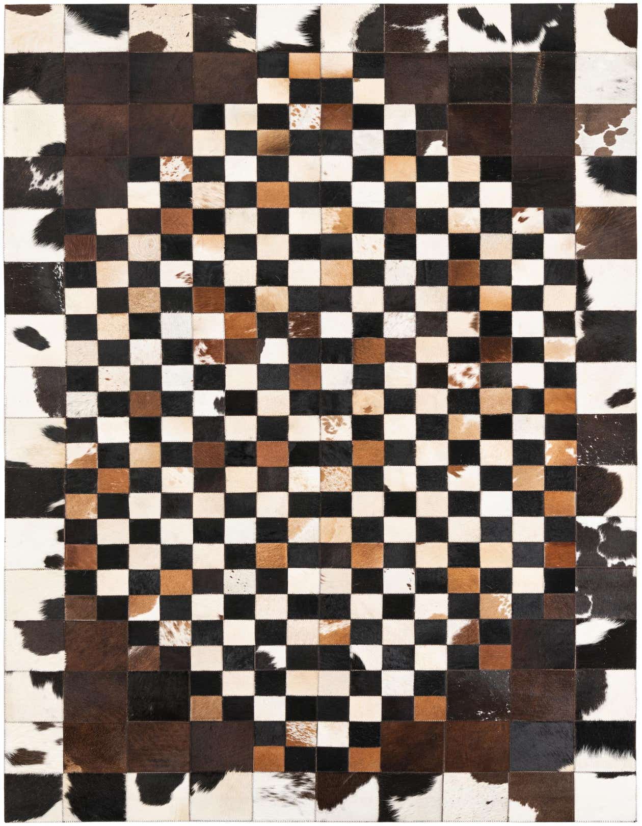 A 5x8 rectangular Cowhide Leather rug featuring a modern multi-colored checkerboard pattern with black, white, and brown squares.