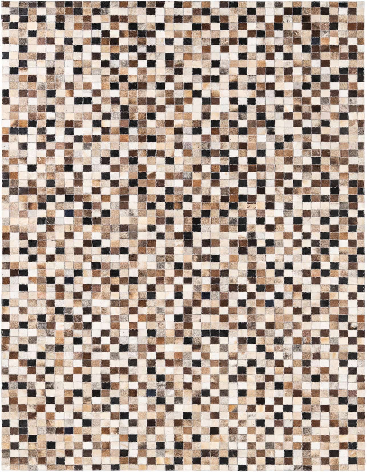 A 5x8 rectangular Cowhide Leather rug featuring a modern patchwork of multi-colored squares in various brown, black, and cream tones.