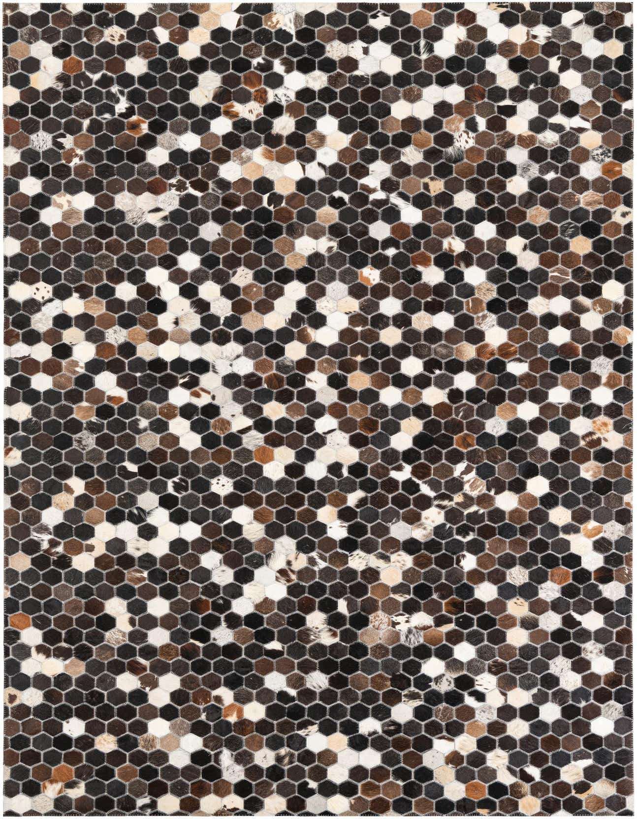 A 5x8 rectangular Cowhide Leather rug featuring a modern multi-colored hexagonal pattern in shades of brown, black, and white.