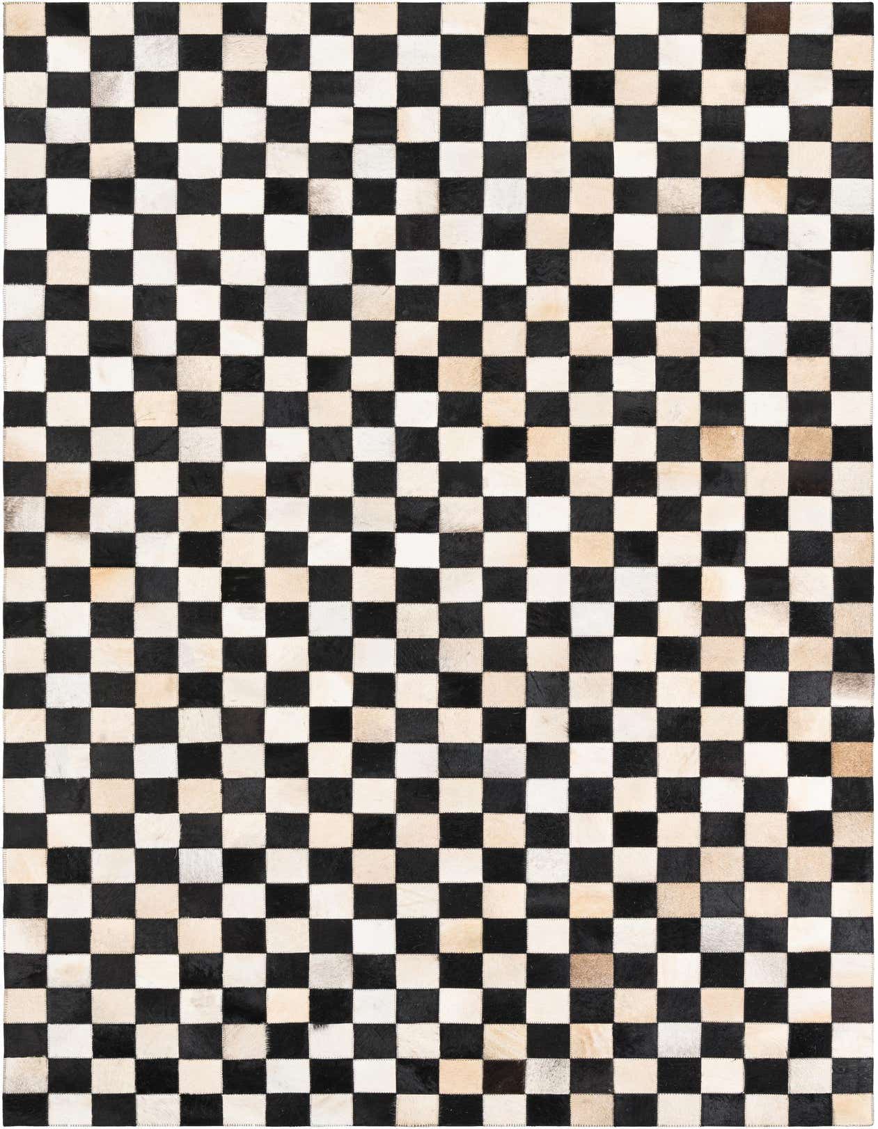 A 5x8 rectangular Cowhide Leather rug featuring a modern checkerboard pattern in black and varied natural white/beige tones.