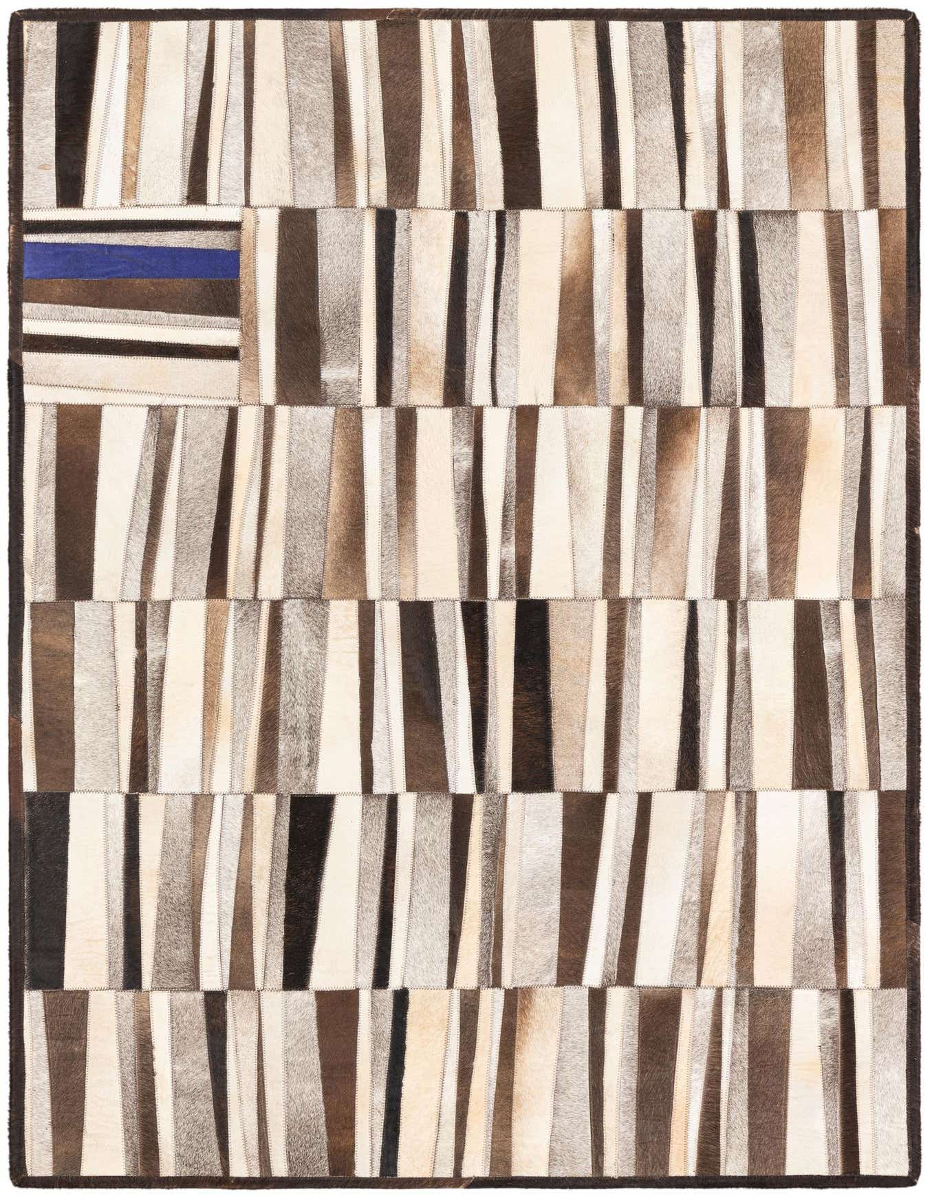 A 4x6 rectangular cowhide rug with a modern stripe pattern in various shades of brown, beige, black, and a striking blue accent.