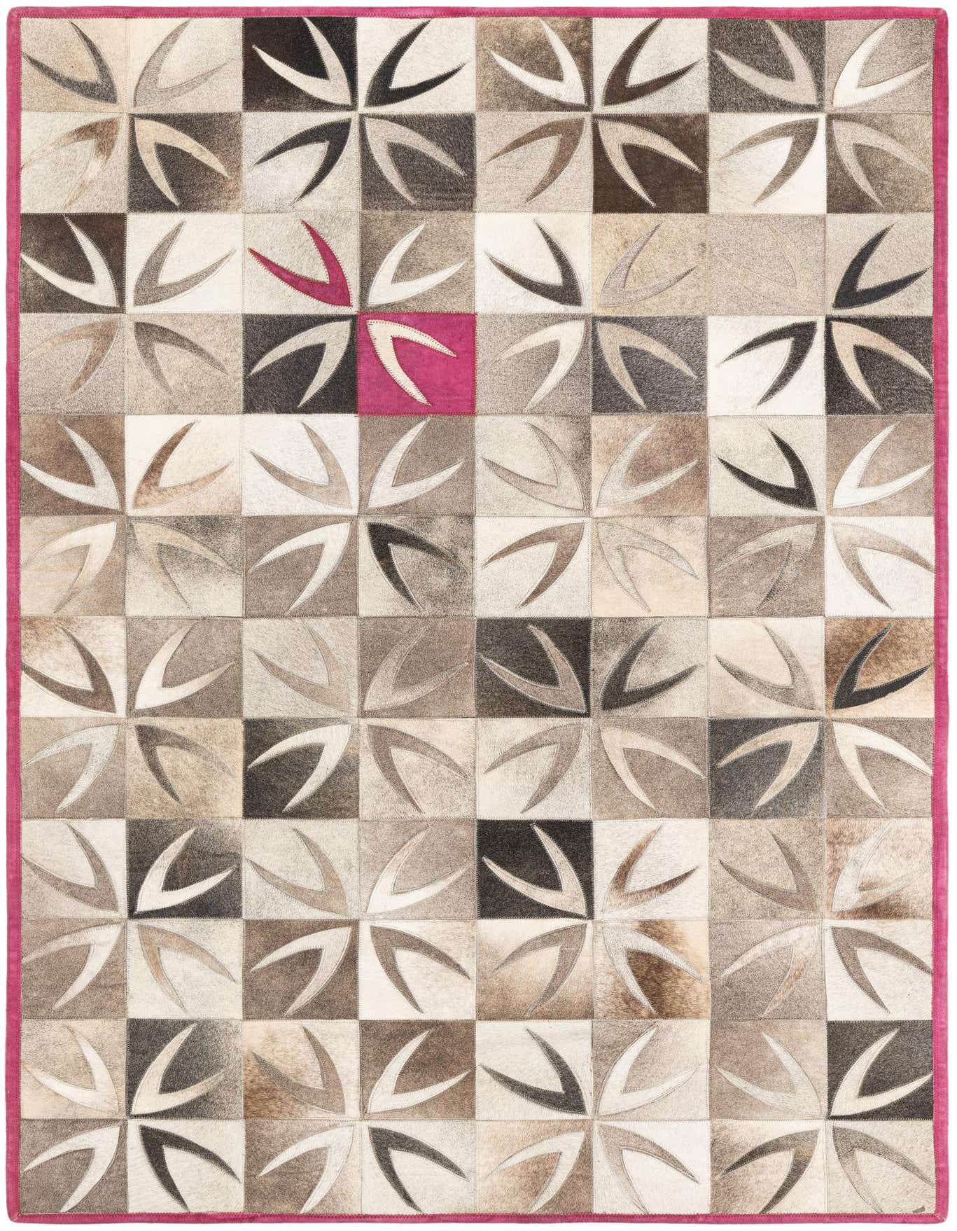 A 4x6 rectangular cowhide rug with a modern, abstract pattern of light and dark brown squares, each featuring a starburst design, and a vibrant fuchsia pink border.