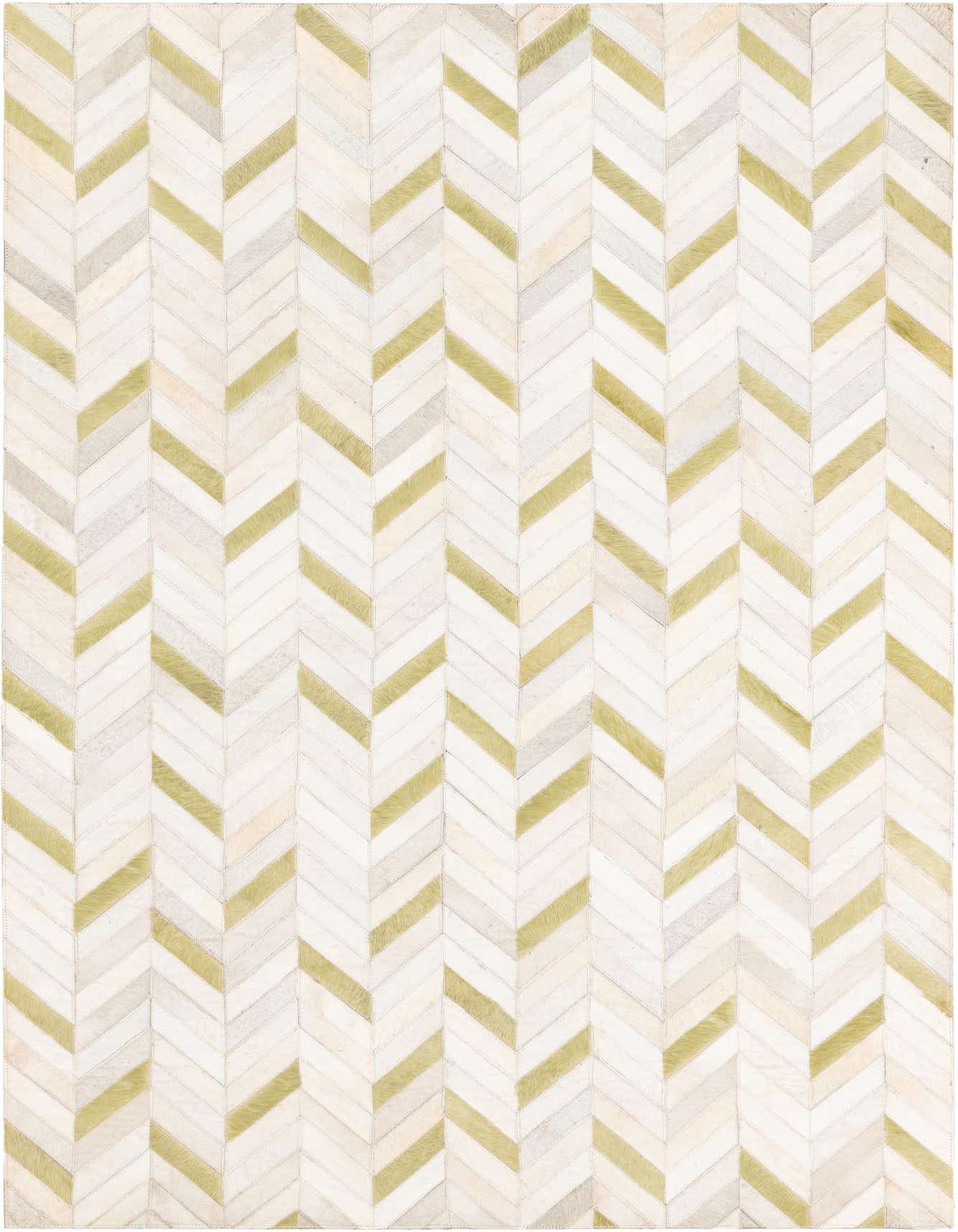 A 4x6 rectangular Cowhide Leather rug featuring a modern chevron pattern in shades of white, cream, and olive green.