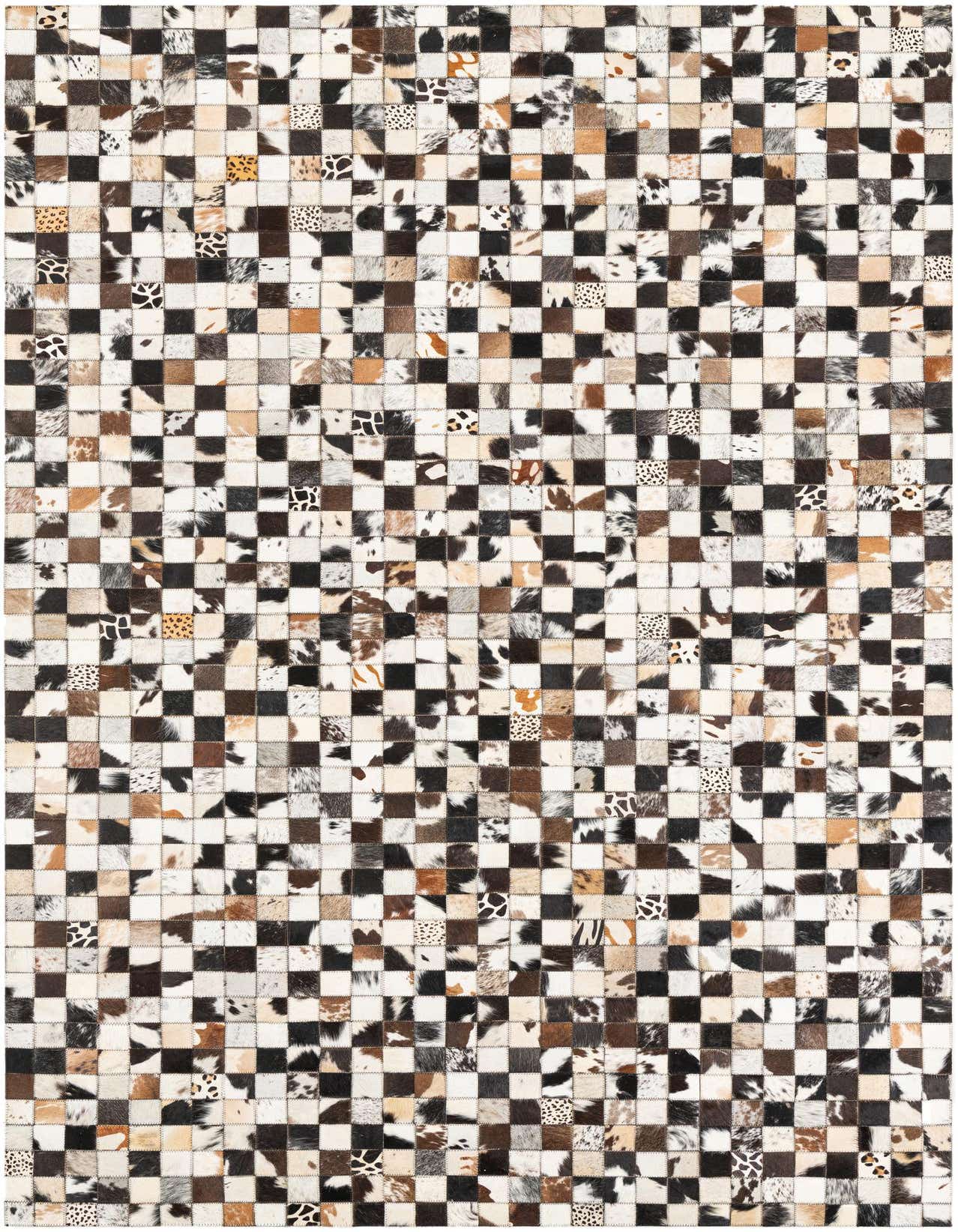 A 5x8 rectangular Cowhide Leather rug featuring a multi-colored abstract patchwork design with various natural hide patterns.