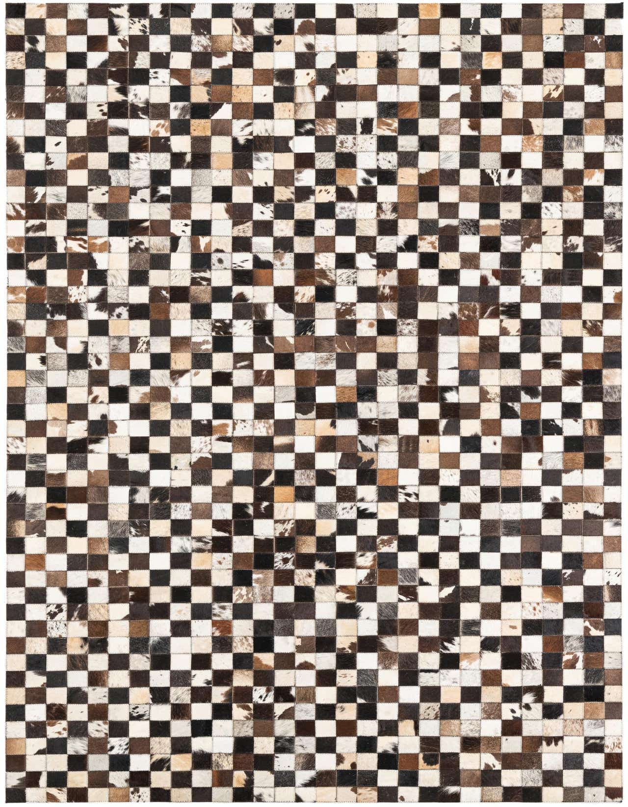 A rectangular 5x8 multi-colored cowhide and leather rug with a modern, abstract checkered pattern.