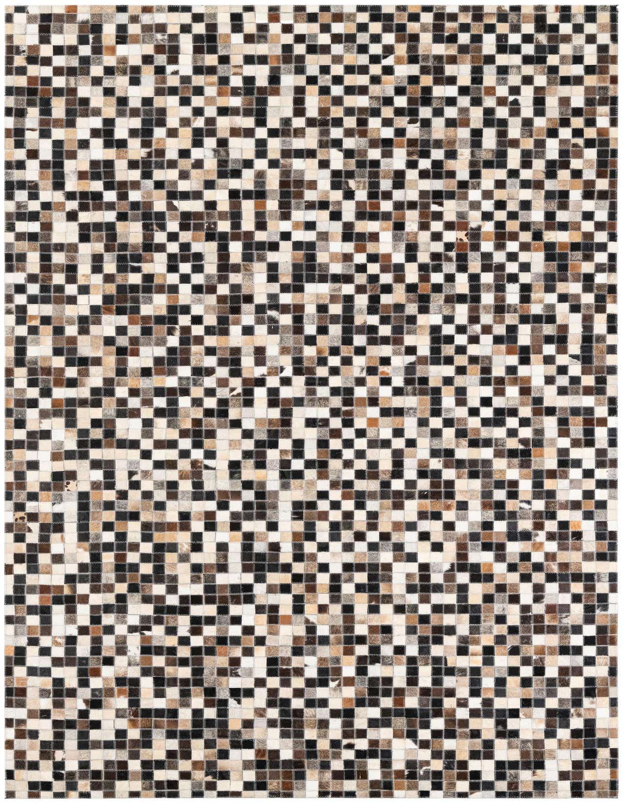 A 5x8 rectangular Cowhide Leather rug featuring a modern, abstract mosaic pattern of multi-colored squares in black, brown, and cream tones.